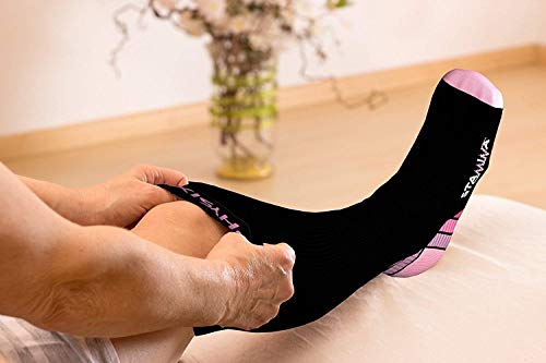 Physix Gear Compression Socks 20-30 mmHg - Men & Women - Running, Nurses, Shin Splints, Flight, Travel - color: Black/Pink, size: Large/X-Large