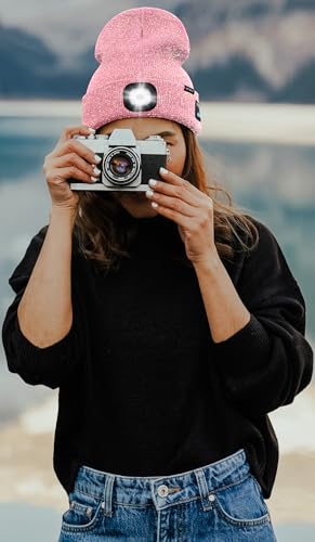 ATNKE LED Lighted Bluetooth Beanie Hat,USB Rechargeable 4 LED Wireless Music Running Headlamp Cap Gift for Men and Women - color: #Blended Pink Goldwire