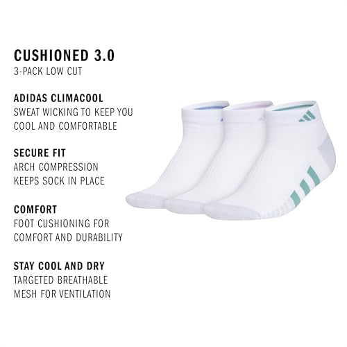adidas Women's Cushioned Socks 3 Pairs - color: White/Blue Fusion/Powder Teal Green/3.0/Low Cut, size: Medium, style: Low Cut