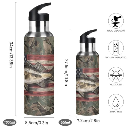 OTVEE Camo Fish Water Bottle Sports Water Bottle Insulated Stainless Steel Hot Cold Water Mug with Straw Lid & Handle for Sports Gym 20 oz - color: Camo Fish