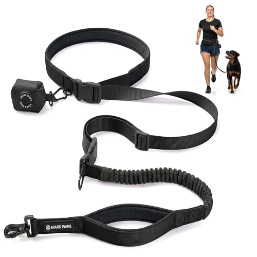 Spark Paws Hands Free Dog Leash - Bungee Waist Belt for Running & Walking - color: Black