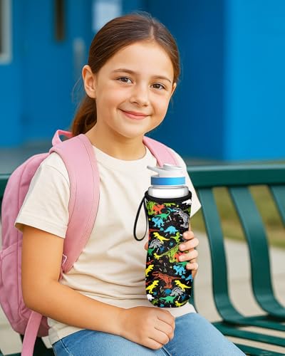 Water Bottle Sleeve for Cirkul 22 oz - Bottles Cover Holder Carrier Bag with Handle Strap - color: Black Dinosaur