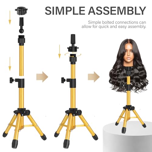 ZQIAN BEAUTY Wig Stand Tripod, 25 Inch Adjustable Mannequin Head Stand, Wig Head Stand for Training Heads And Canvas Block Head (Golden, Mannequin Head Not Included) - color: Golden, size: 25 Inch