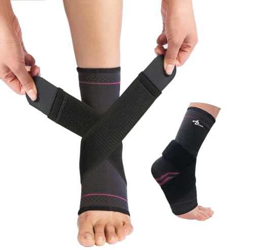 ABIRAM Ankle Brace Compression Sleeve with Adjustable Support Strap - color: Rose, size: Small