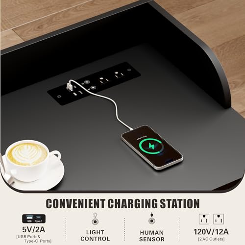 HWB Bed Table Desk with Wheels & Adjustable Height, LED Lights - color: Carbon Black