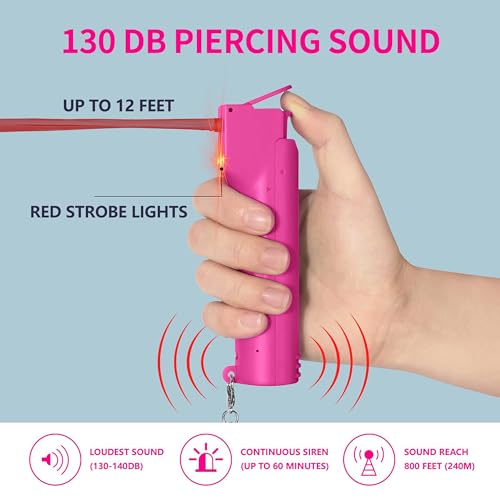3-in-1 Self Defence Personal Alarm with Pepper Spray Set for Women, Max Strength Pepper Gel & 130 dB Safety Alarms & Strobe Lights, Quick Release, 3X Protection, Canister Replaceable - color: Rose