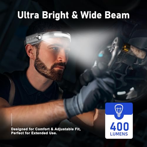 Nessciera Rechargeable LED Headlamp (Gray), 400 Lumens, 230° Wide Beam, USB-C, 5 Modes — Lightweight, Adjustable Headband; Hard Hat Clips for Camping, Hiking, Running & Repairs - color: Gray