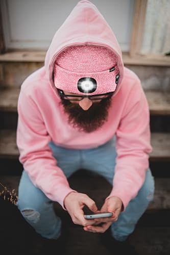 ATNKE LED Lighted Bluetooth Beanie Hat,USB Rechargeable 4 LED Wireless Music Running Headlamp Cap Gift for Men and Women - color: #Blended Pink Goldwire