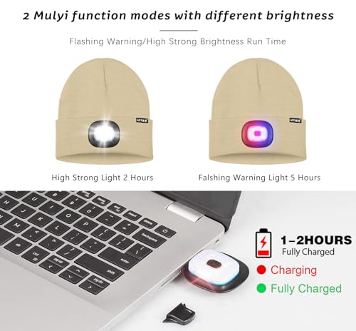 ATNKE LED Lighted Beanie Hat,USB Rechargeable 4 LED Red and Blue Flashing Running Headlamp Cap Gifts for Men and Women - color: #Beige