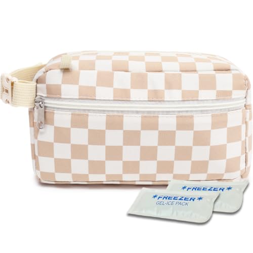 Fammart Freezable Snack Bag with Removable Ice Packs, Small Insulated Lunch Bag Mini Cooler, Leakproof Reusable Snack Lunch Box with Buckle Handle for Work, Travel, Office - Checkered Khaki - color: with Ice Packs - Checkered Khaki