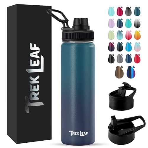 Travel Water Bottle with 3 Lids (Spout, Straw, Flip) Leak Proof, Quality, Vacuum Insulated, Stainless Steel (Deep Water, 22 oz) - color: Deep Water, size: 22 Ounces