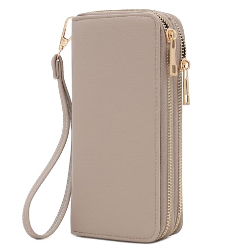 FashionPuzzle Double Zip Around PU Leather Wristlet Cell Phone Wallet - color: Travertine