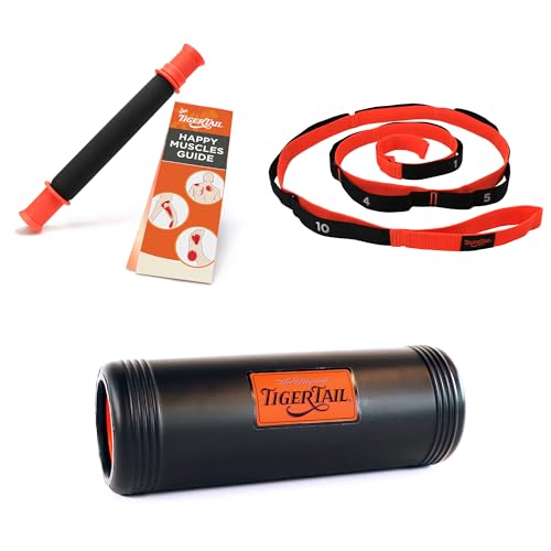 Tiger Tail Bundle: 11in Portable Massage Stick Portable Roller + The Big One Foam Roller + The Stretchy Tiger 80" Stretch/Yoga Strap