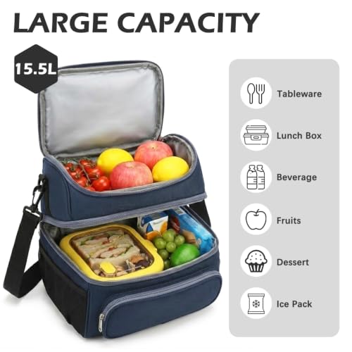 FlowFly Double Layer Cooler Insulated Lunch Bag Adult Lunch Box Large Tote Bag for Men, Women, With Adjustable Strap,Front Pocket and Dual Large Mesh Side Pockets - color: Cyan