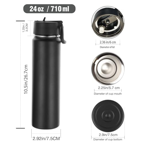 Volhoply 24oz Insulated Water Bottle with Straw Lid, Black, 1-Pack - color: Black