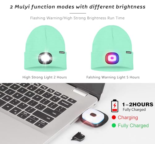 ATNKE LED Lighted Beanie Hat,USB Rechargeable 4 LED Red and Blue Flashing Running Headlamp Cap Gifts for Men and Women - color: #Fruit Green