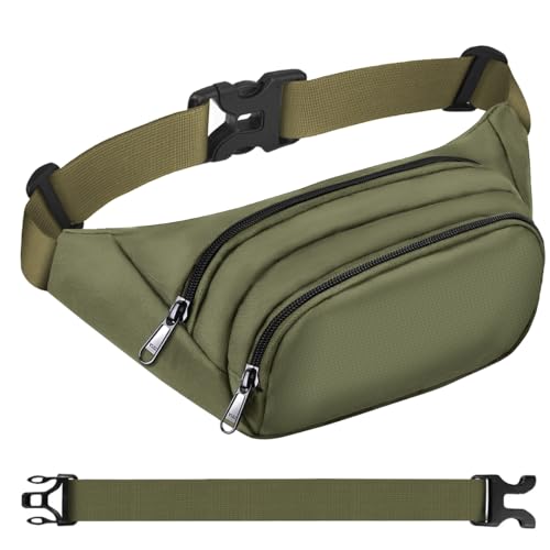 Large Fanny Pack for Women Men - Syican Waist bag with 3-Zipper Pockets - color: Army green+Extended Belt