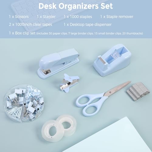 SKYDUE Blue Office Desk Accessories, Stapler and Tape Dispenser Set,10PCS - color: Blue