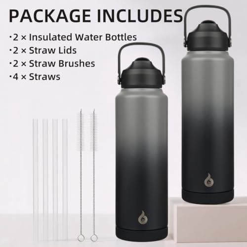 BJPKPK 2 Pack 40oz Insulated Water Bottles with Straw Lids, Stainless Steel - color: 2 X Black Grey, size: 40 Ounces