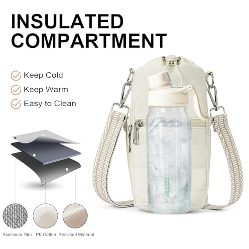 Water Bottle Bag 40 oz Crossbody Holder for Walking Hiking Insulated Carrier Purse with Adjustable Strap - color: Beige