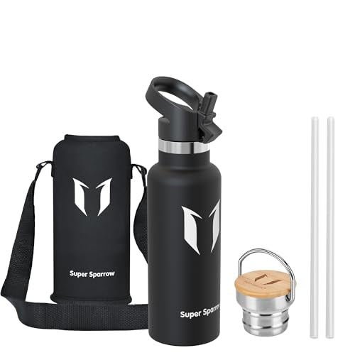 Super Sparrow Stainless Steel Insulated Sports Straw Lid Water Bottle - 500ml - BPA Free - Black - 16.9 Ounces - Hiking, Cycling, Running, Yoga - color: Black, size: 16.9 Ounces