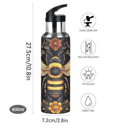 OTVEE Bohemian Golden Bee Water Bottle Sports Water Bottle Insulated Stainless Steel Hot Cold Water Mug with Straw Lid & Handle for Sports Gym 20 oz - color: Bohemian Golden Bee