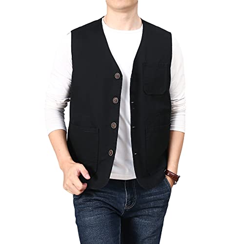 PRIJOUHE Mens Casual Cotton Vest Lightweight Outdoor Fishing Utility Vest - color: 02-black, size: X-Large