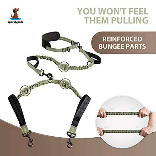 SparklyPets Hands Free Dual Dog Leash, Medium & Large (Olive Green) - color: Olive Green, size: 2 dogs M/L