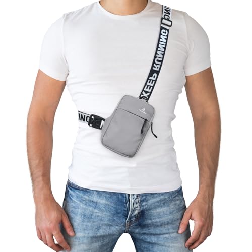 Peicees Mini Crossbody Sling Bag Chest Bag Dual Pocket Water Resistant Fanny Pack Running Phone Holder for Men Women Workout Travel, Grey - color: Grey