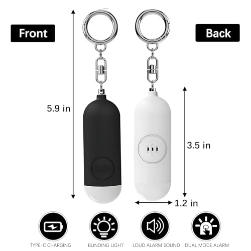 Personal Safety Alarm Strobe Light, 3 Pack Keychain Siren with Carabiner for Women, School Children, Night Runners. USB Rechargerable SOS Emergency Self Defense Alerts