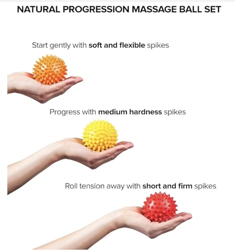 Massage Balls for Feet, Back, Hands, Muscles- Firm Medium, and Soft Spiked Massagers for Plantar Fascitis, Exercise, Neuro-Balance, Physical Therapy, 9cm/7.5cm/6.5cm