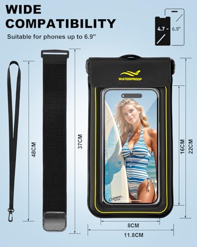 2-in-1 Waterproof Phone Pouch & Phone Armband Floating, Underwater Water Proof Phone Case with Detachable Strap, Waterproof Bags Up to 6.9", Beach Vacation Water Park Essentials Black