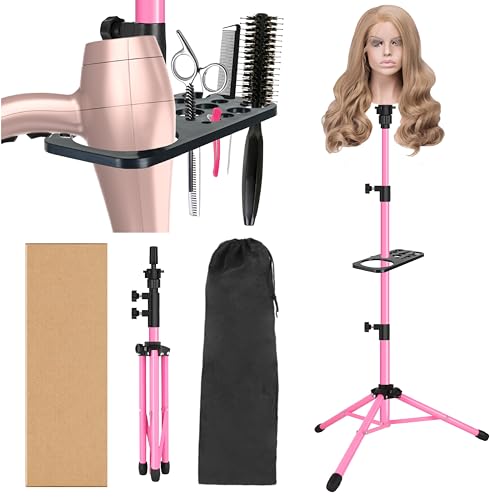 ZQIAN BEAUTY Wig Head Stand 50 Inch Metal Mannequin Head Stand for Hairdressing Training Head Adjustable Wig Stand Tripod with Tool Tray (Pink, Mannequin Head Not Included) - color: Pink, size: 50 Inch