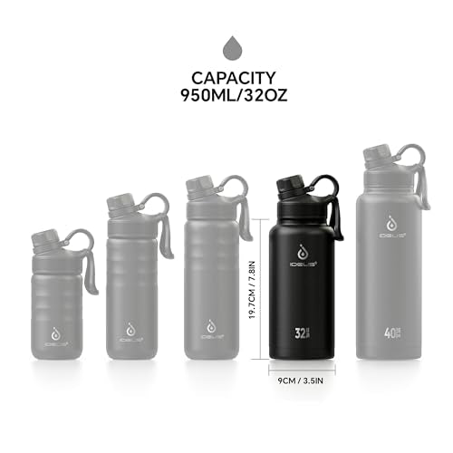 IDEUS 32oz Stainless Steel Insulated Bottle with 2 Leak-Proof Lids, Black - color: Black, size: 32 Ounces
