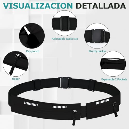 Running Belt Waist Pack, Orange, Dual Zippered Pockets, Adjustable Elastic Band with Reflective Strips (Black) - color: Black