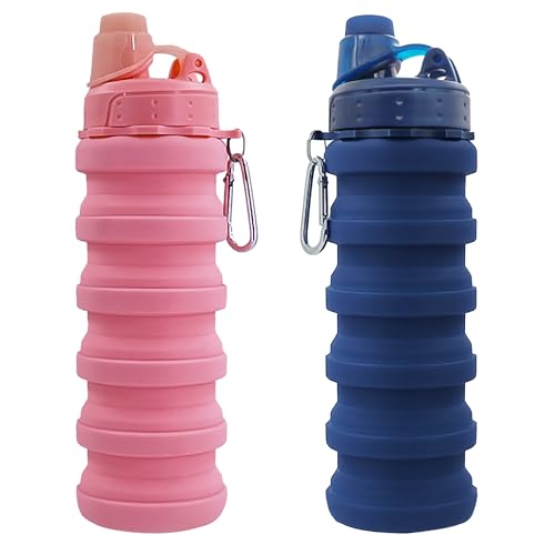 Collapsible Water Bottles Travel water bottle Sports Portable Sport Water Bottle Reusable Water Bottles comes with mountaineering Buckle 500ml silicone Water-proof camping water bottle - color: Dark Blue+Pink, style: 2 pack