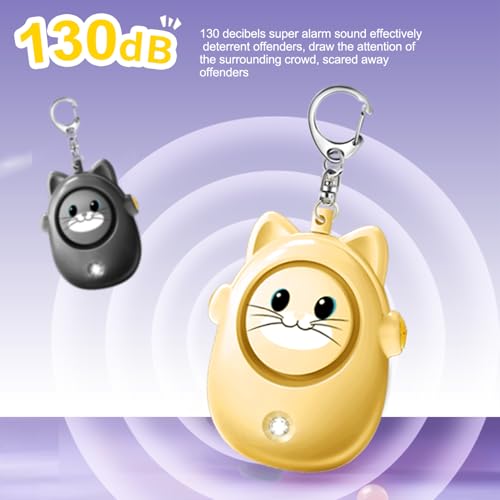 Personal Safety Alarm Keychain, 130dB Loud Siren with LED Light, Cute Cat Design Security Device for Women, Children, Elderly - color: Yellow