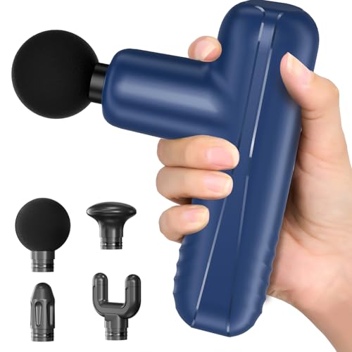 Mini Massage Gun, Powerful Handheld Muscle Massager for Muscle Relaxation, Deep Tissue Percussion Small Massage Gun Travel Massager with 4 Massage Heads Silent Brushless Motor, Blue - color: Blue
