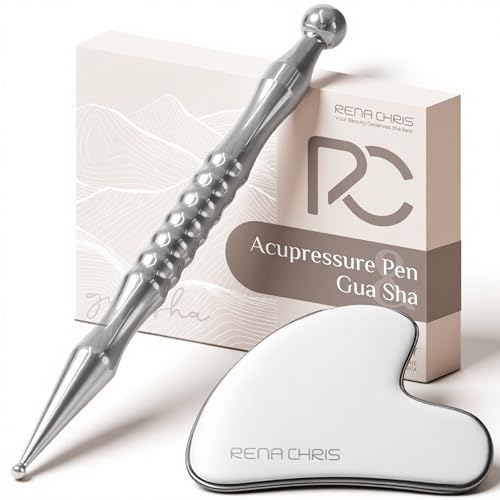 Rena Chris Acupuncture Pen and Gua Sha, Manual Reflexology Tools for Muscle Tension and Pain Relief, Acupressure Pen and Stainless Steel Gua Sha Set with Reflexology Chart, Easy to Use - size: 2 Piece Set