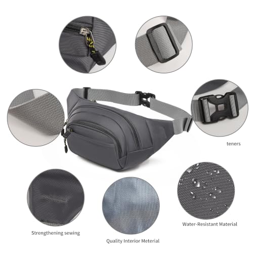 Large Fanny Pack for Men Women NSYOOMH, Crossbody Waist Bag 5-Zipper Pocket - color: Grey