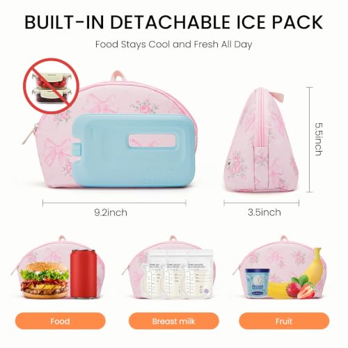 MEXS Small Cooler Bag, Freezable Snack Bag for Kids & Adults, Small Insulated Lunch Bag with Upgraded Thicker Ice Pack, Reusable Mini Cooler for Work/School/Travel - color: Pink Bow