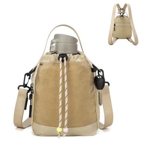 Water Bottle Carrier Bag with Strap, Water Bottle Holder Crossbody Backpack Handbags for Women Men for Hiking - color: Khaki
