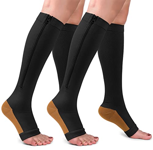CTHH Zipper Compression Socks for Women and Men Toeless Knee High Stocking - color: Black/Yellow, size: XX-Large