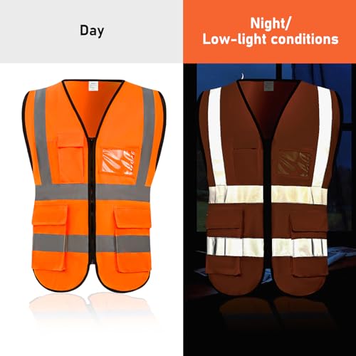 High Visibility Safety Vest with Pockets and Zipper, 1 Pack 5 Pack - color: Orange-red, size: XX-Large