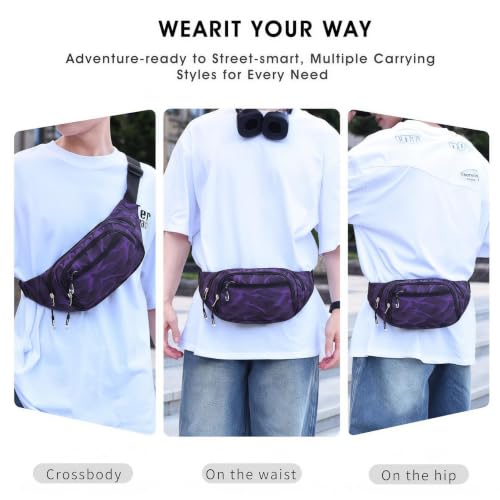 Large Fanny Pack for Women Men NSYOOMH, Crossbody Waist Bag 5-Zipper Pocket - color: Deep Violet