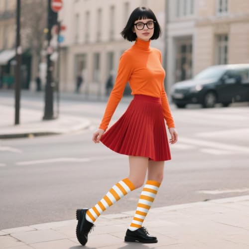 Junely Compression Socks for Women Knee High Striped Polka Dot Stockings - color: Orange White