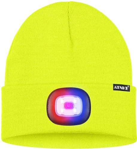 ATNKE LED Lighted Beanie Hat,USB Rechargeable 4 LED Red and Blue Flashing Running Headlamp Cap Gifts for Men and Women - color: #Fluorescent Yellow
