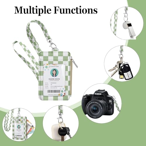 bolimoss Lanyard Wallet with ID Badge Holder, Small Keychain Wallet for Women, Pu Leather Slim Credit Card Holder with Breakaway Neck Lanyard for Teacher Student School Work Office - color: Mint Green Checkerboard