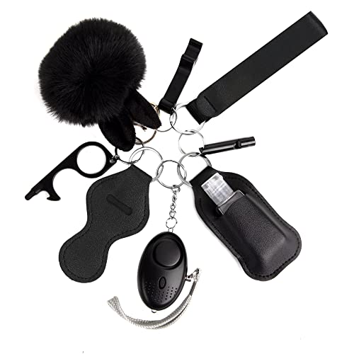 Safety Keychain for Women, Safety Keychain Set with Personal Alarm, 9 Pcs Protective Accessories for Women - color: Black