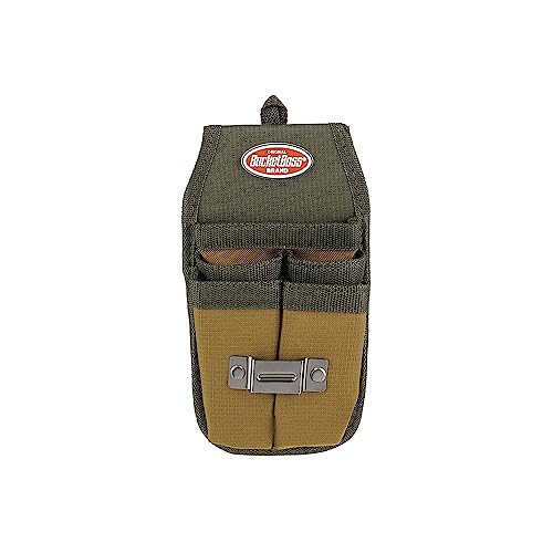 Bucket Boss Four-Barrel Tool Sheath with FlapFit to Fit Instantly Over a Belt or Into a Pants Pocket, with 5 Tool Pockets and 2 Loops, and Metal Tape Clip, in Brown, 54184